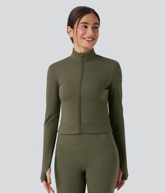 SoftlyZero™ Plush Stand Collar Long Sleeve Thumb Holes Crossover Back Yoga Jackets 