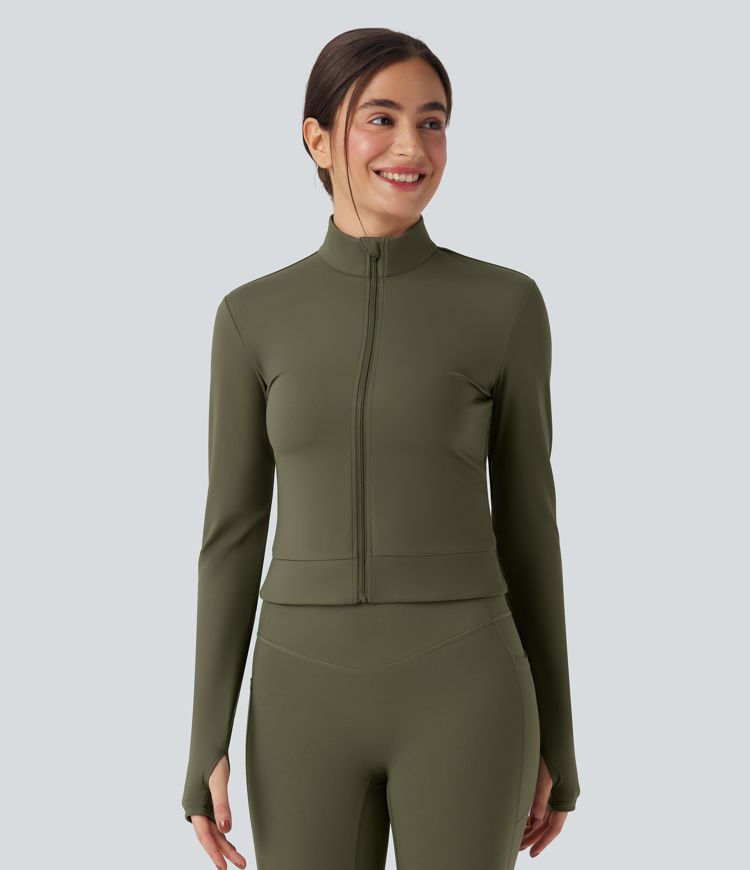 SoftlyZero™ Plush Stand Collar Long Sleeve Thumb Holes Crossover Back Yoga Jackets 