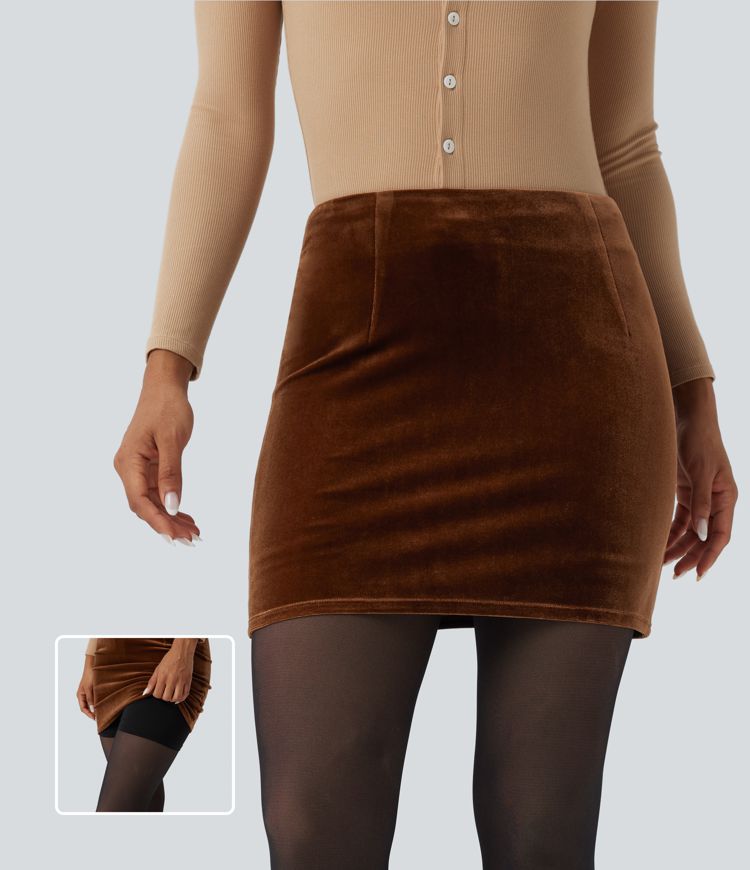 High Waisted 2-in-1 Velvet Bodycon Mini Skirt