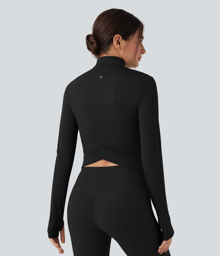 SoftlyZero™ Plush Stand Collar Long Sleeve Thumb Holes Crossover Back Yoga Jackets 