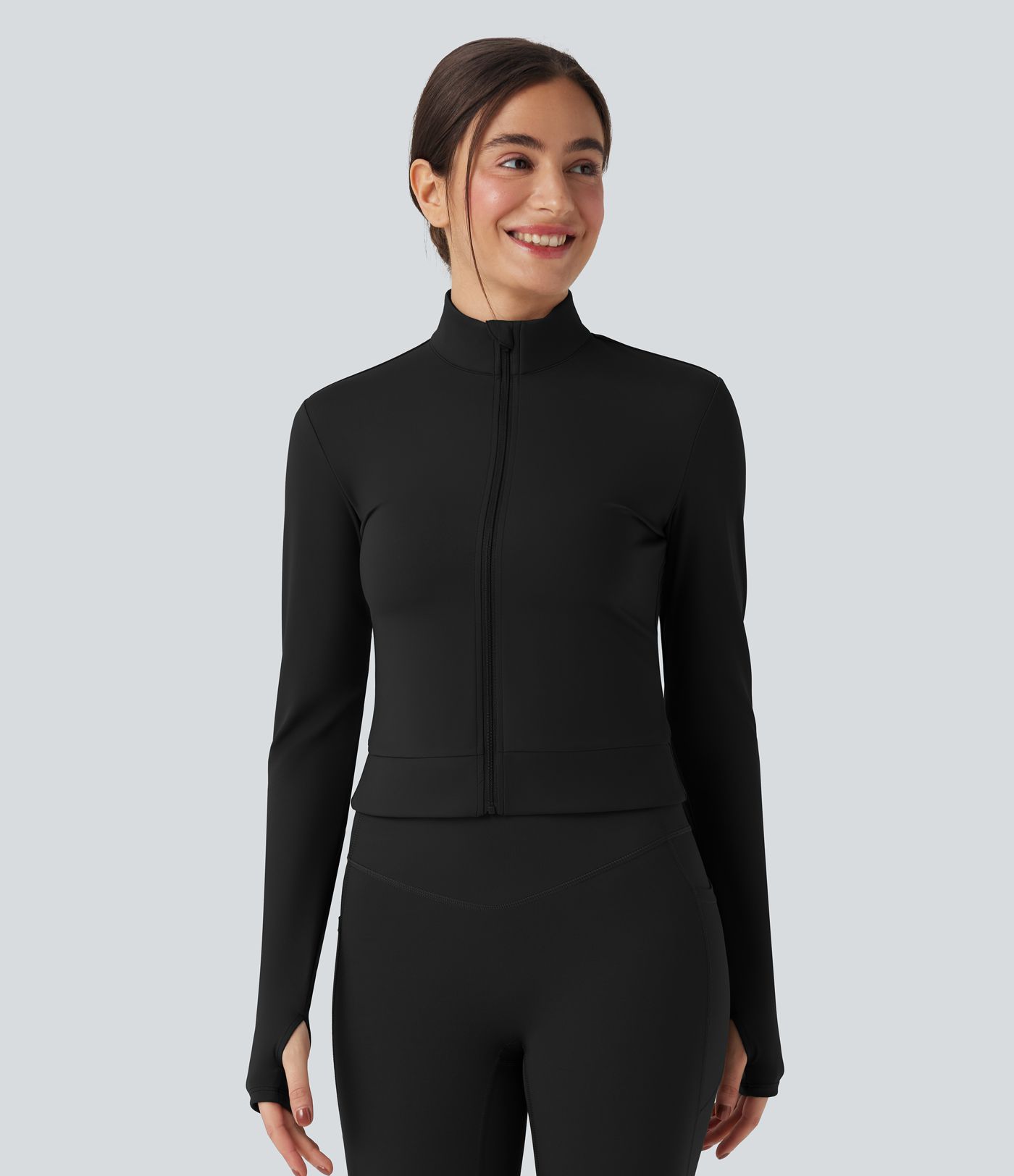 SoftlyZero™ Plush Stand Collar Long Sleeve Thumb Holes Crossover Back Yoga Jackets 