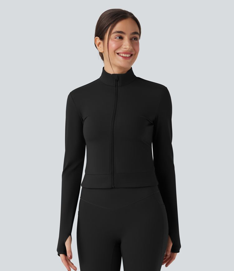 SoftlyZero™ Plush Stand Collar Long Sleeve Thumb Holes Crossover Back Yoga Jackets 