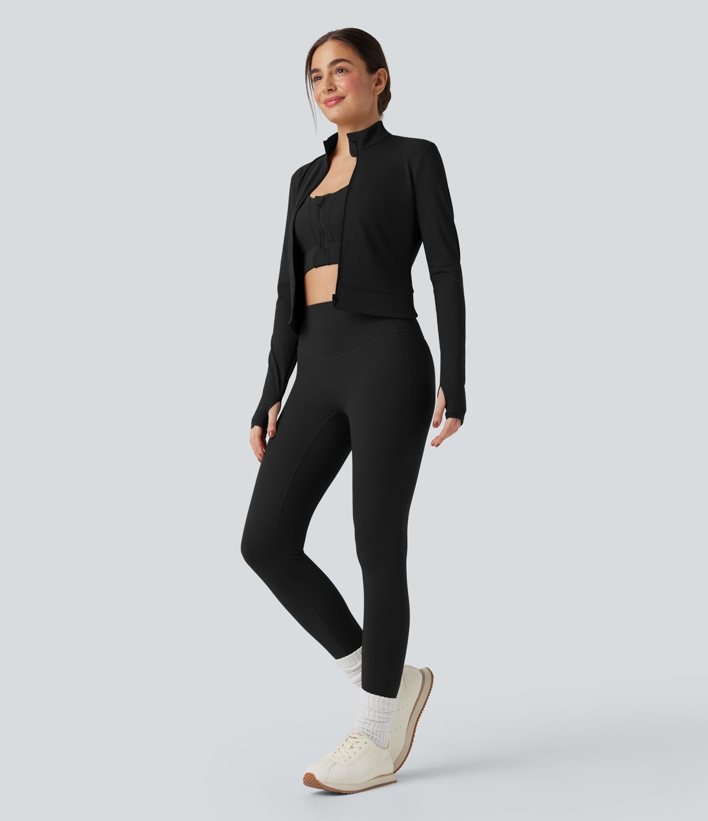 SoftlyZero™ Plush Stand Collar Long Sleeve Thumb Holes Crossover Back Yoga Jackets 