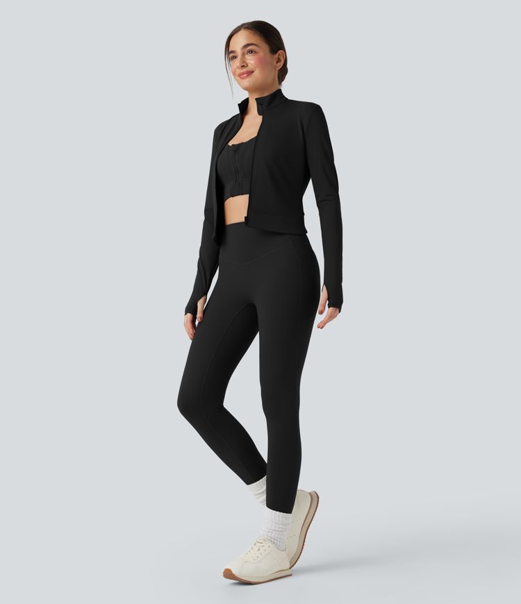 SoftlyZero™ Plush Stand Collar Long Sleeve Thumb Holes Crossover Back Yoga Jackets 