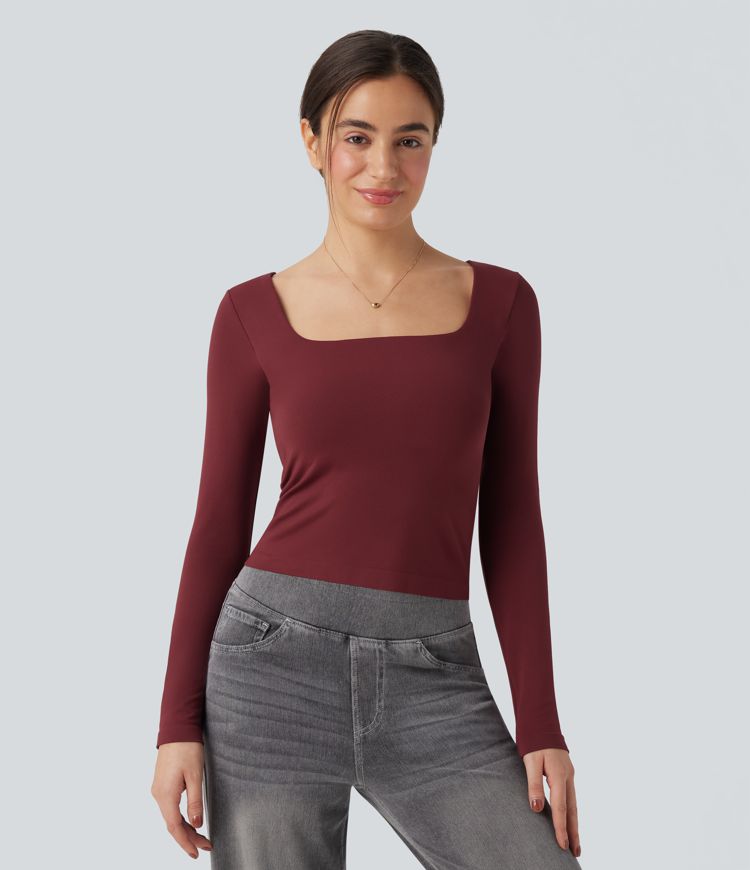 Top deportivo de yoga 2 en 1 de manga larga con cuello cuadrado y sin costuras