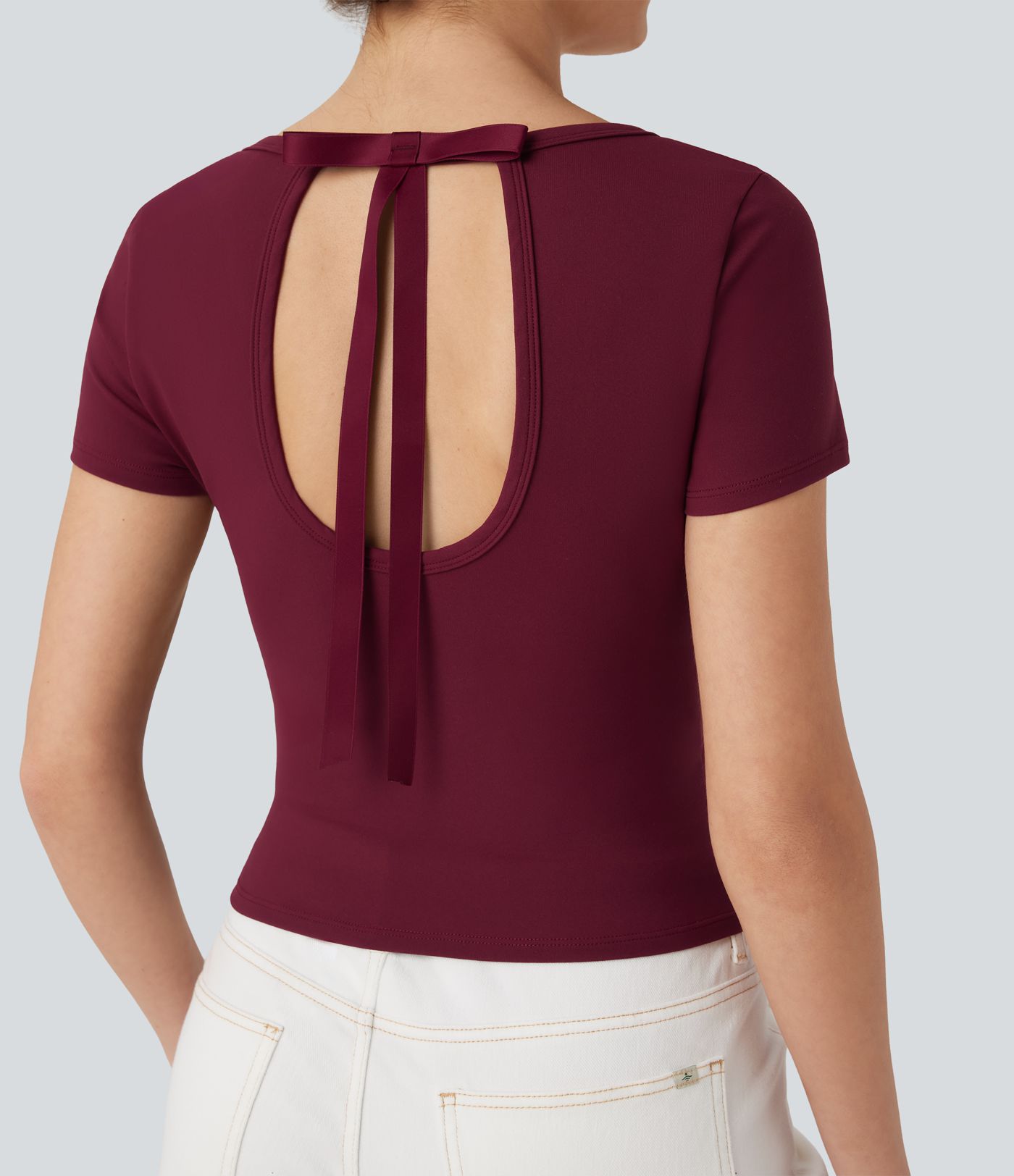 Scoop Neck Short Sleeve Bow Cropped Casual Top