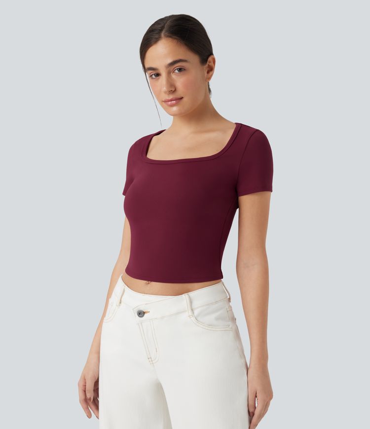 Scoop Neck Short Sleeve Bow Cropped Casual Top