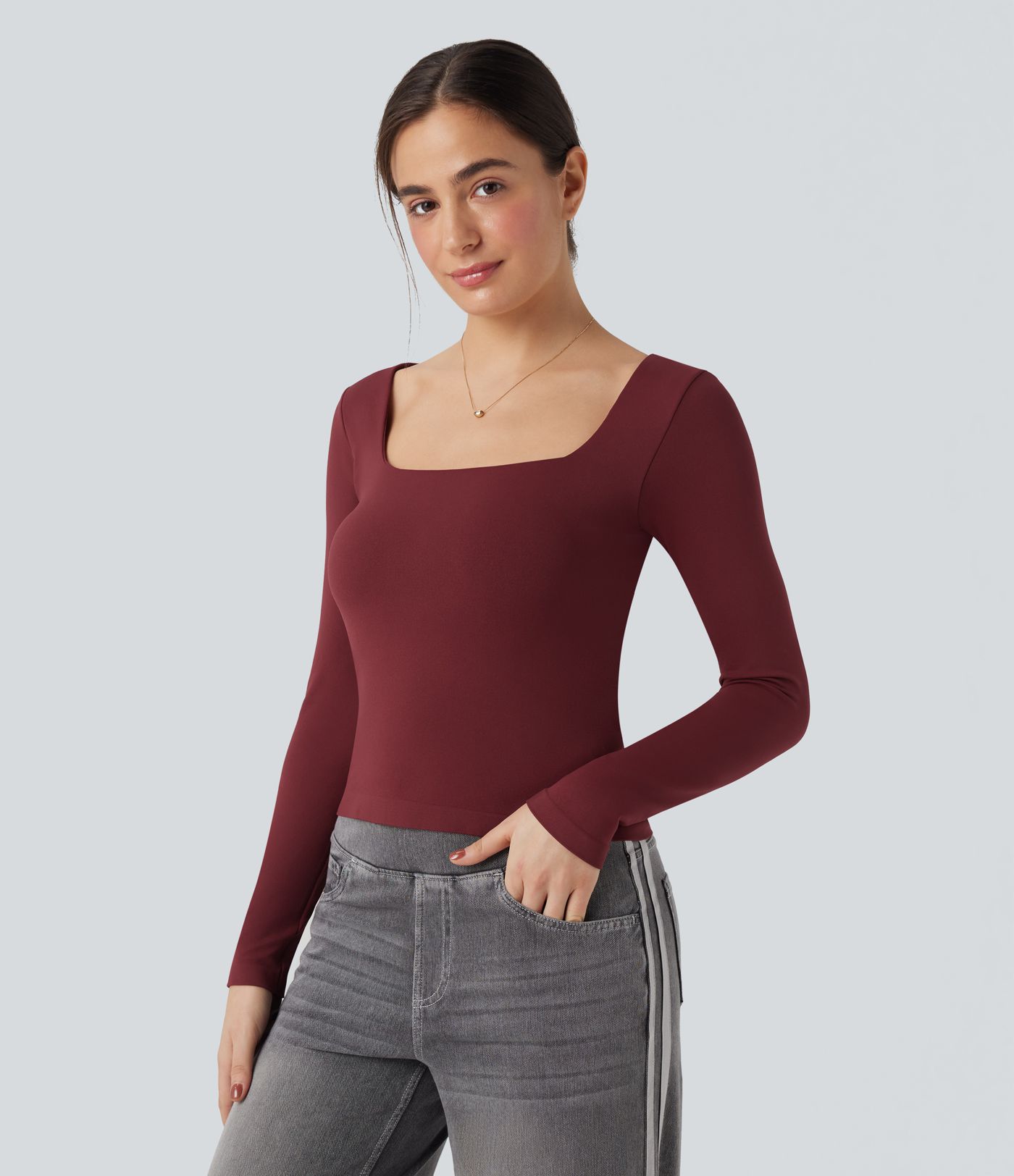 Haut de sport yoga 2-en-1 décolleté carré à manches longues sans couture OneForm Seamless Flow