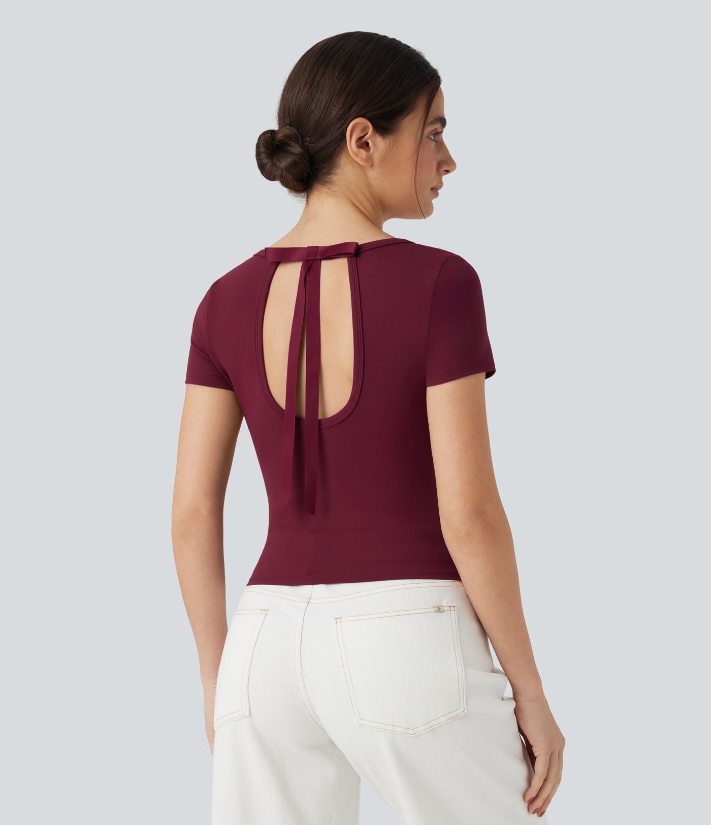 Scoop Neck Short Sleeve Bow Cropped Casual Top