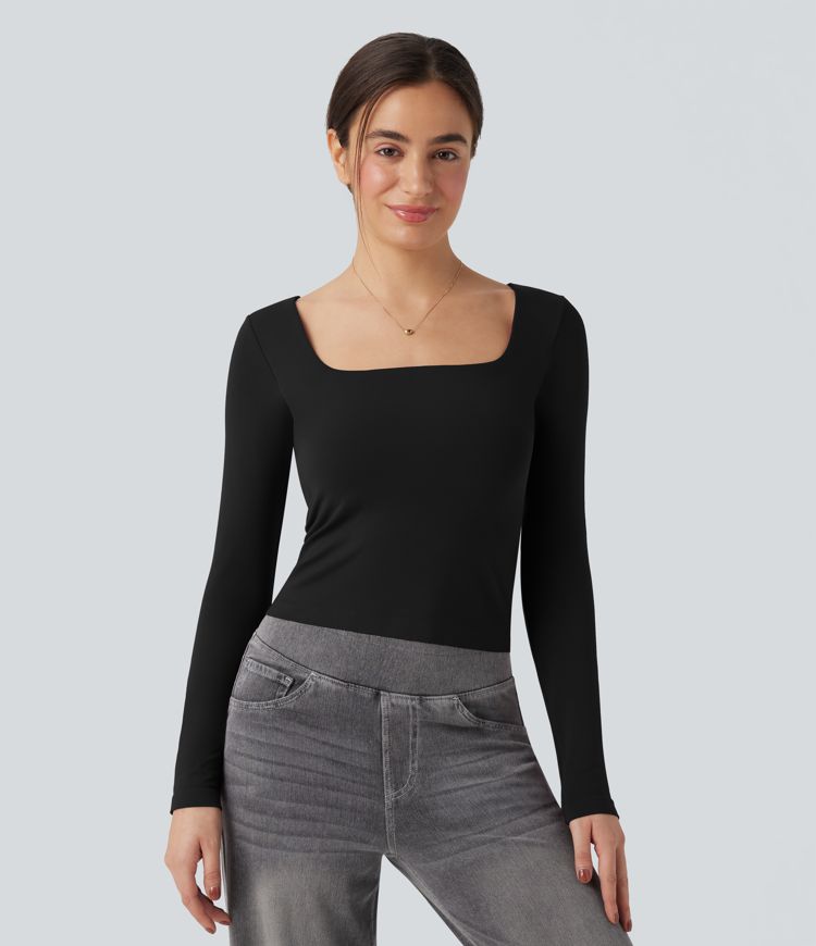 Seamless Flow Square Neck Long Sleeve 2-in-1 Yoga Sports Top