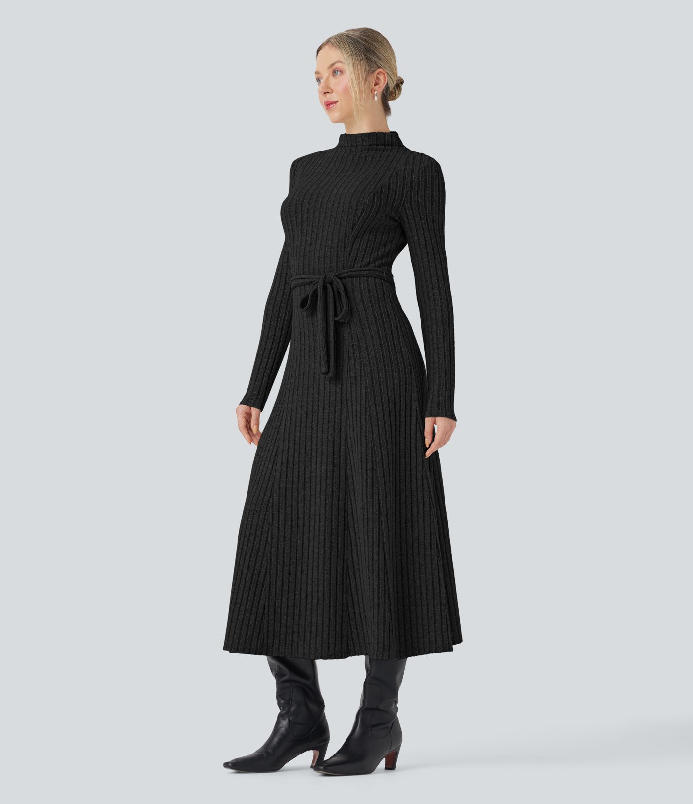 Ribbed Knit Mock-neck Long Sleeve Belted Casual Maxi Dress