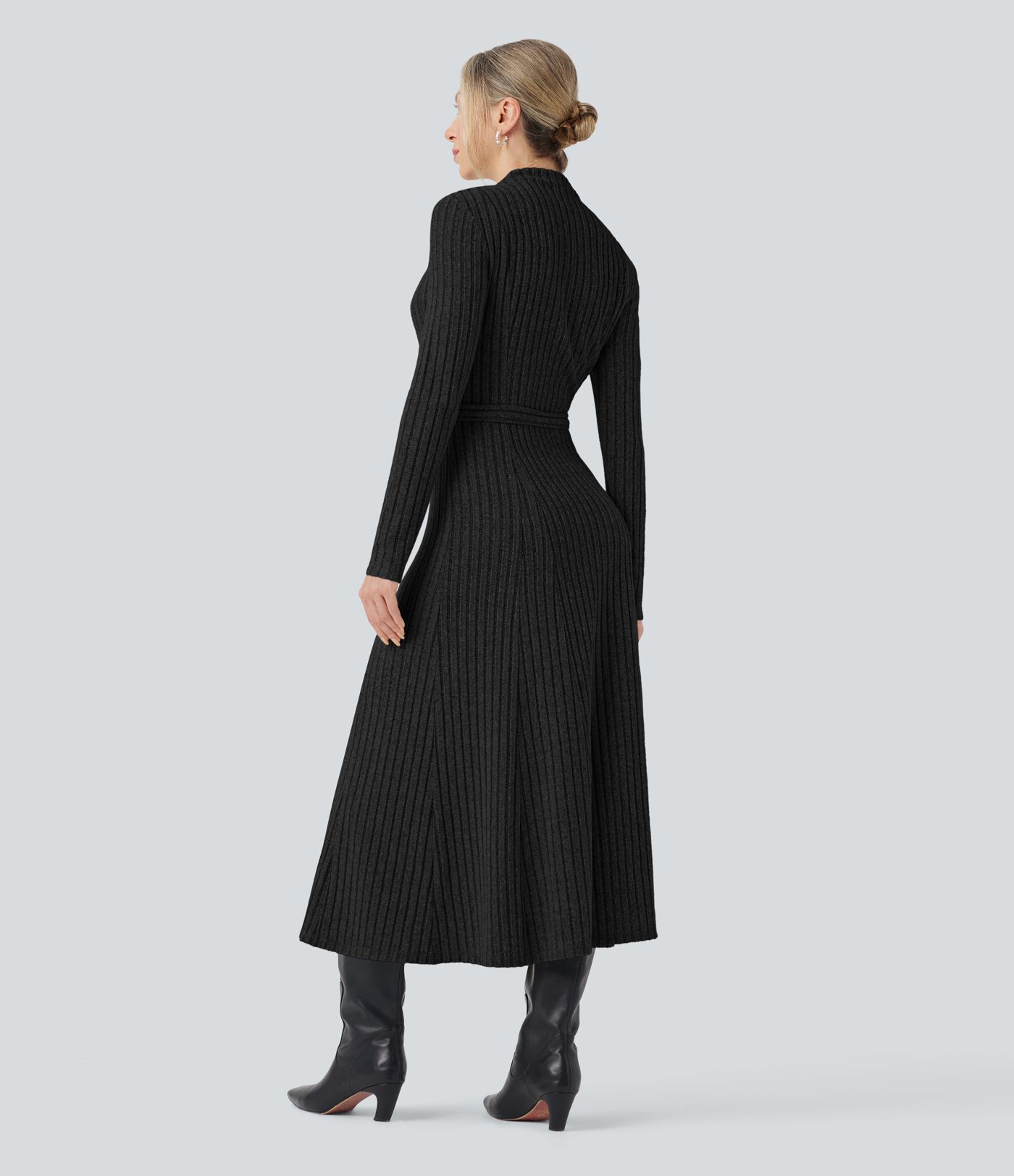 Ribbed Knit Mock-neck Long Sleeve Belted Casual Maxi Dress