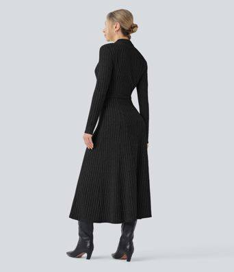 Ribbed Knit Mock-neck Long Sleeve Belted Casual Maxi Dress