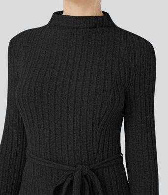 Ribbed Knit Mock-neck Long Sleeve Belted Casual Maxi Dress