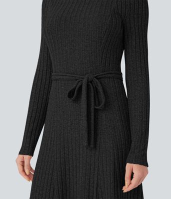 Ribbed Knit Mock-neck Long Sleeve Belted Casual Maxi Dress