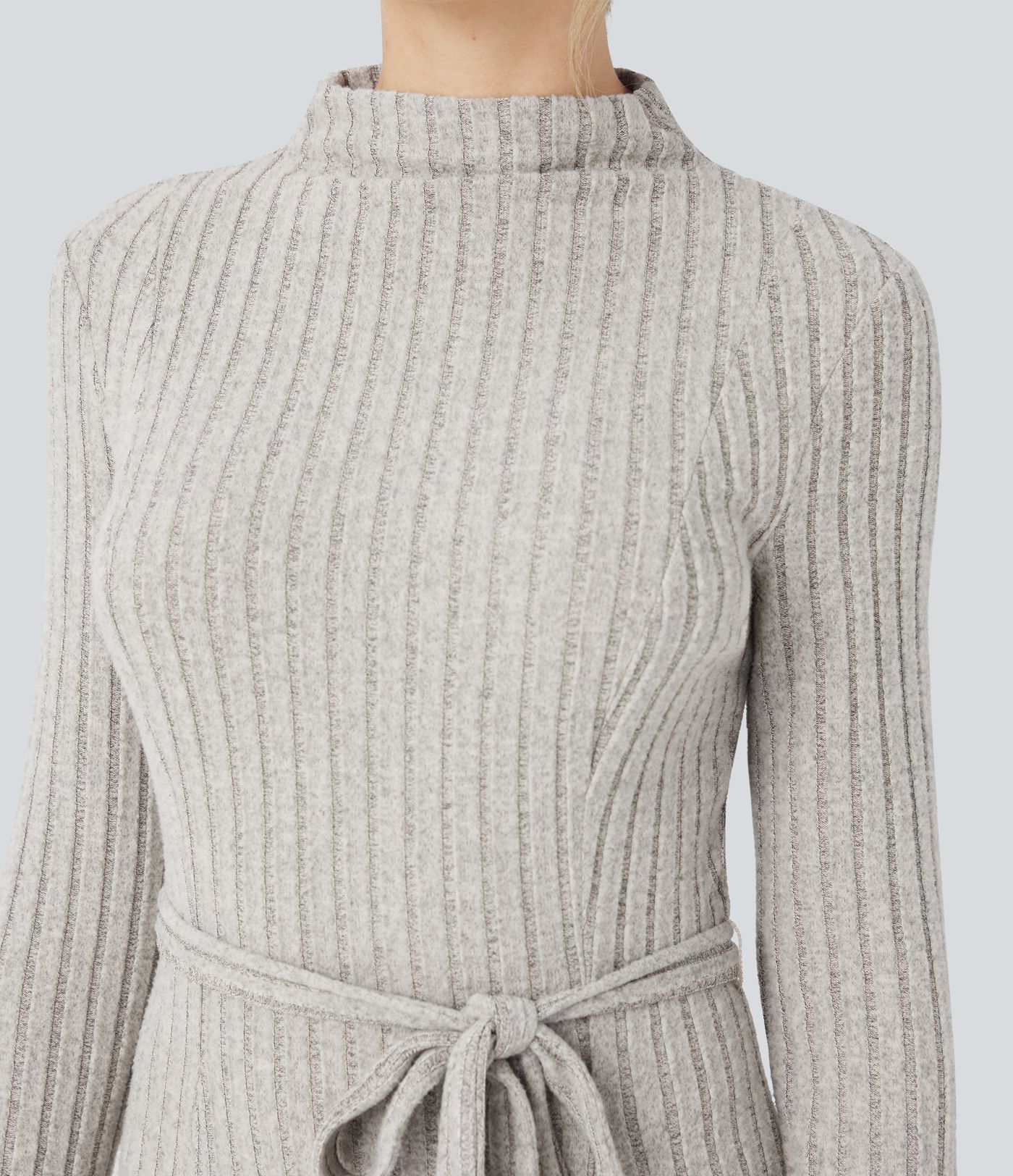 Ribbed Knit Mock-neck Long Sleeve Belted Casual Maxi Dress