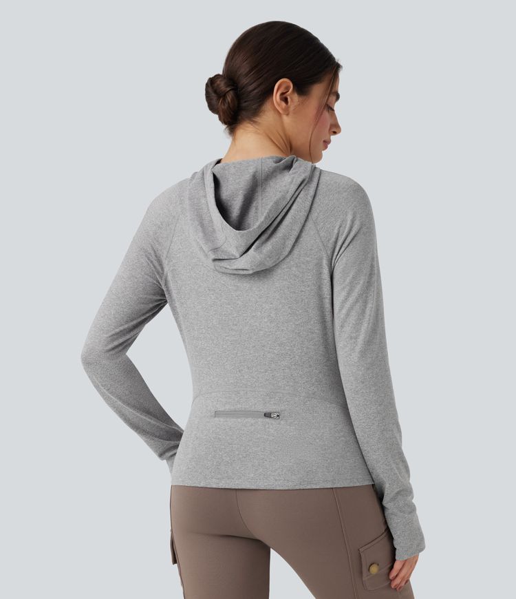 Hooded Drawstring Long Sleeve Thumb Hole Hiking Sports Sweatshirt with Pocket