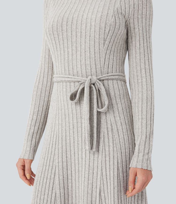 Ribbed Knit Mock-neck Long Sleeve Belted Casual Maxi Dress