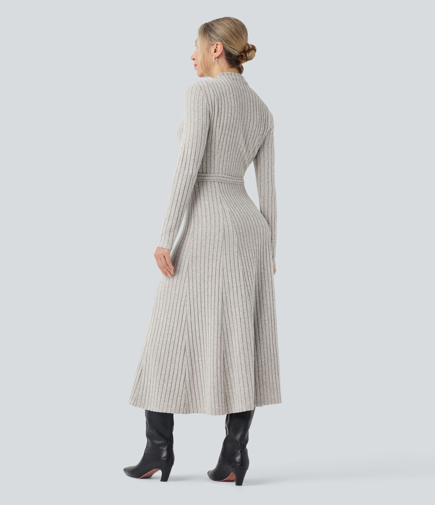 Ribbed Knit Mock-neck Long Sleeve Belted Casual Maxi Dress