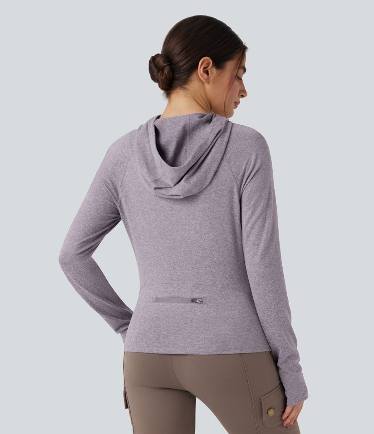 Sudadera deportiva para senderismo con capucha de manga larga con cordón ajustable agujero para el pulgar y bolsillo