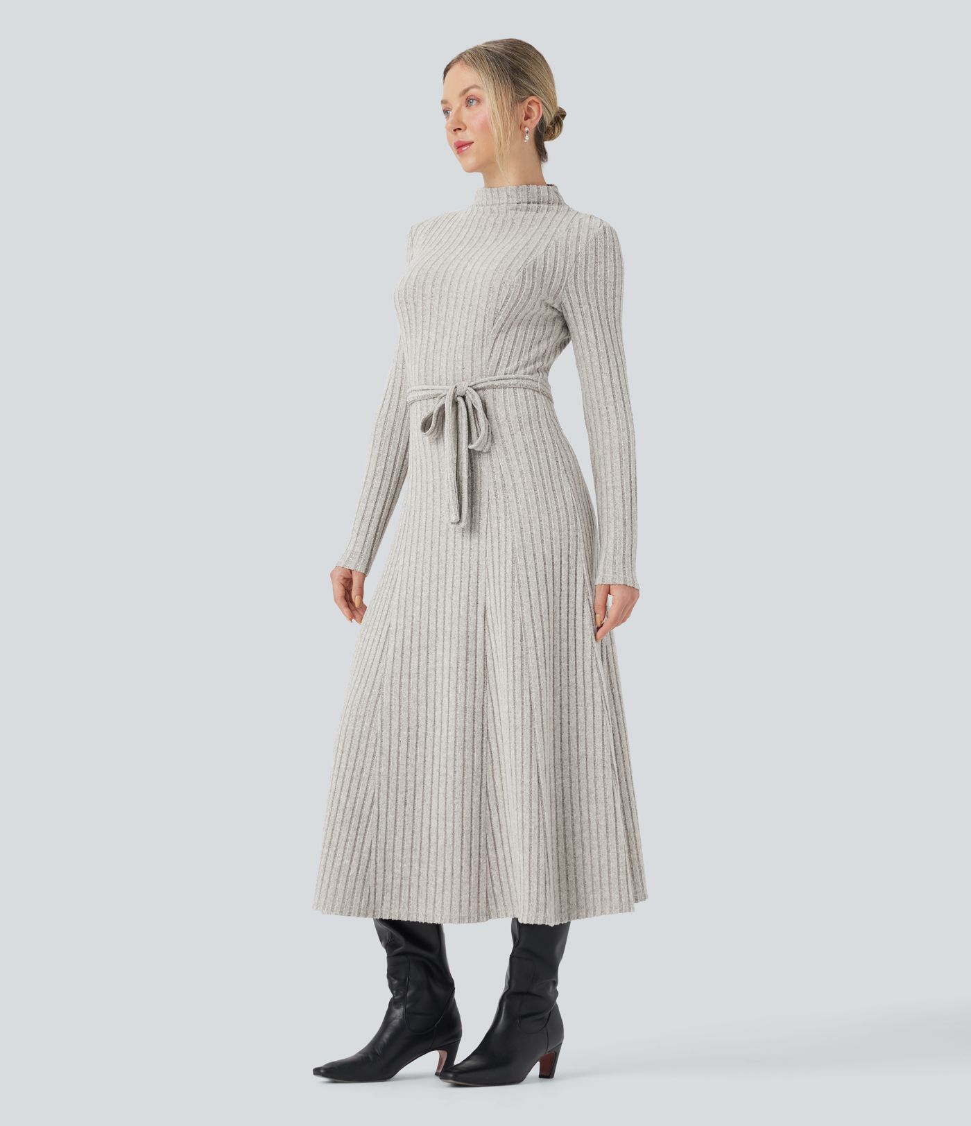 Ribbed Knit Mock-neck Long Sleeve Belted Casual Maxi Dress
