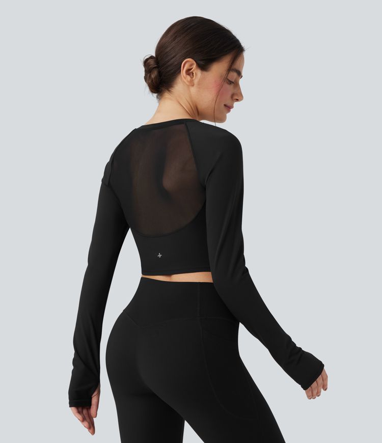 SoftlyZero™ Plush Long Sleeve Thumb Hole Contrast Mesh Cropped Yoga Sports Top