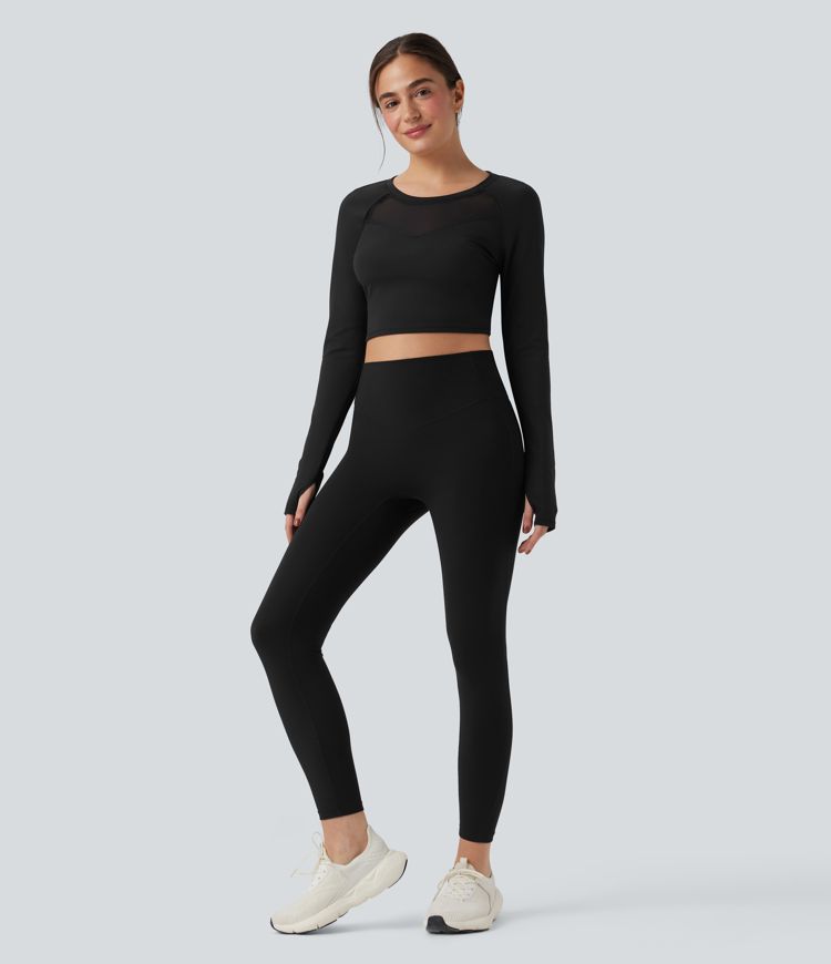 SoftlyZero™ Plush Long Sleeve Thumb Hole Contrast Mesh Cropped Yoga Sports Top