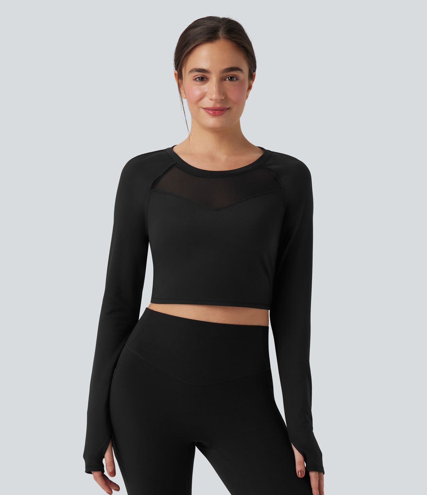 SoftlyZero™ Plush Long Sleeve Thumb Hole Contrast Mesh Cropped Yoga Sports Top