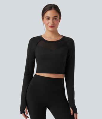 SoftlyZero™ Plush Long Sleeve Thumb Hole Contrast Mesh Cropped Yoga Sports Top