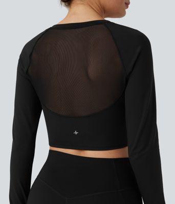 SoftlyZero™ Plush Long Sleeve Thumb Hole Contrast Mesh Cropped Yoga Sports Top