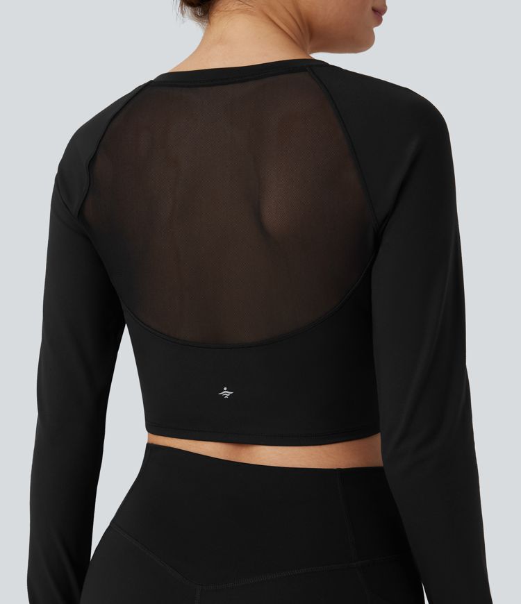 SoftlyZero™ Plush Long Sleeve Thumb Hole Contrast Mesh Cropped Yoga Sports Top