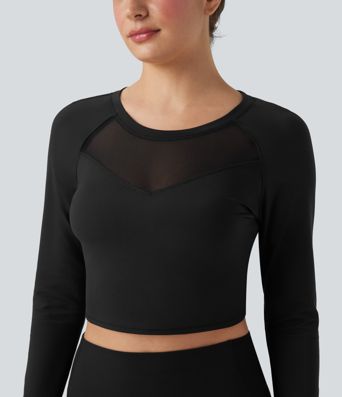 SoftlyZero™ Plush Long Sleeve Thumb Hole Contrast Mesh Cropped Yoga Sports Top