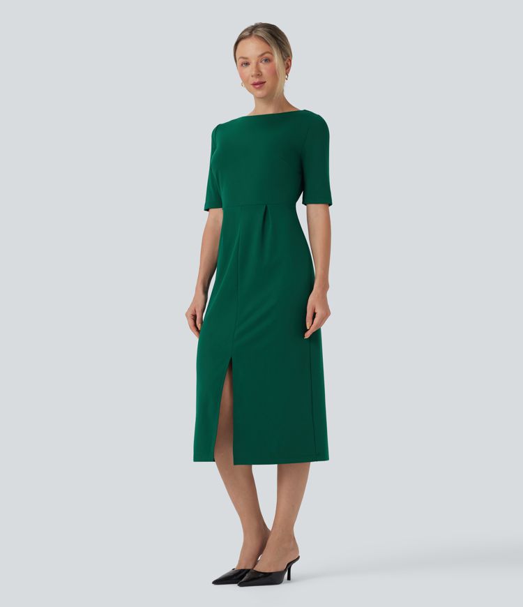 Arbeitskleid mit Rundhalsausschnitt, kurzen Ärmeln und Schlitz