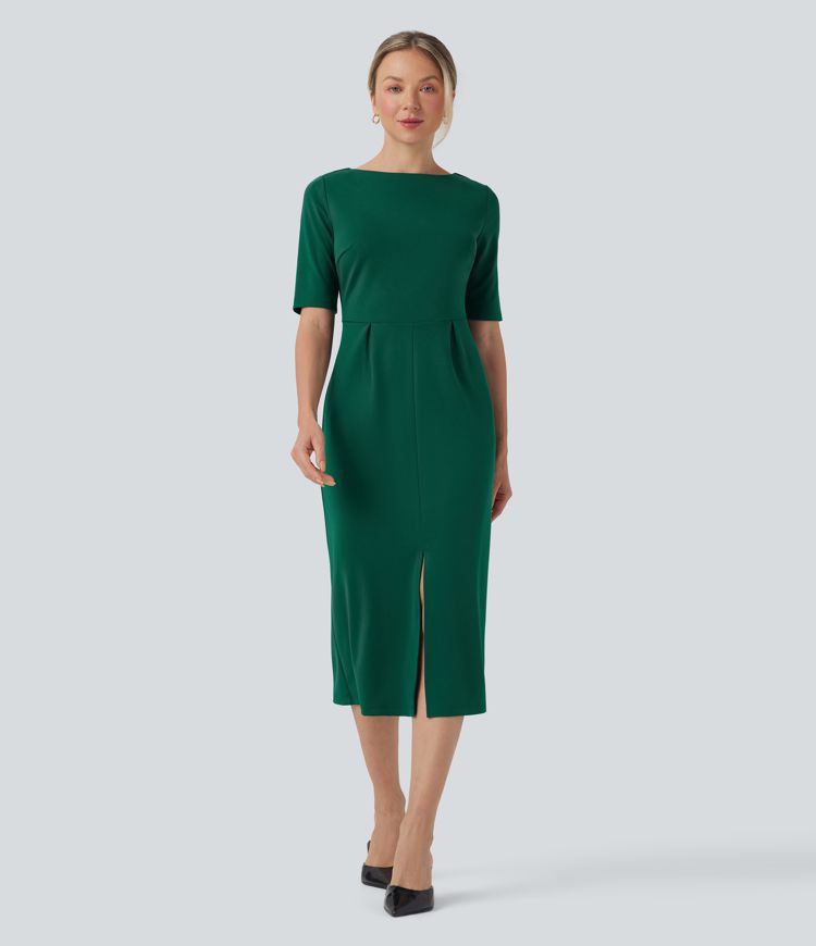 Rounded Neckline Short Sleeve Split Work Dress
