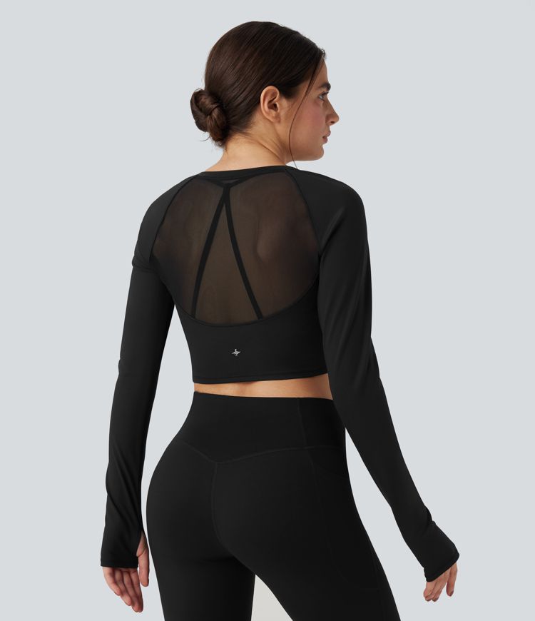 SoftlyZero™ Plush Long Sleeve Thumb Hole Contrast Mesh Cropped Yoga Sports Top
