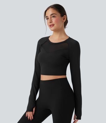 SoftlyZero™ Plush Long Sleeve Thumb Hole Contrast Mesh Cropped Yoga Sports Top