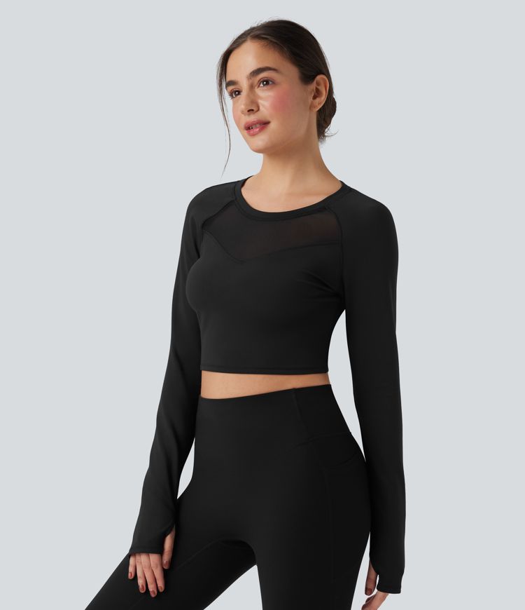 SoftlyZero™ Plush Long Sleeve Thumb Hole Contrast Mesh Cropped Yoga Sports Top