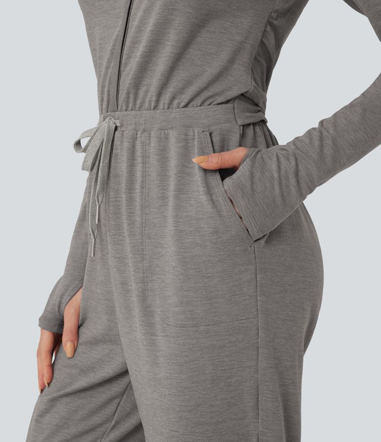 V Neck Long Sleeve Thumb Hole Drawstring Workout Jumpsuit with Pockets-Easy Peezy Edition