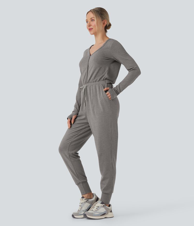 V Neck Long Sleeve Thumb Hole Drawstring Workout Jumpsuit with Pockets-Easy Peezy Edition