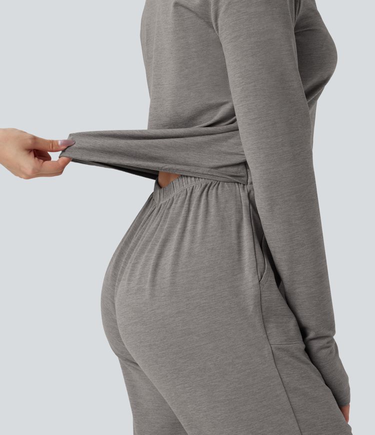 V Neck Long Sleeve Thumb Hole Drawstring Workout Jumpsuit with Pockets-Easy Peezy Edition