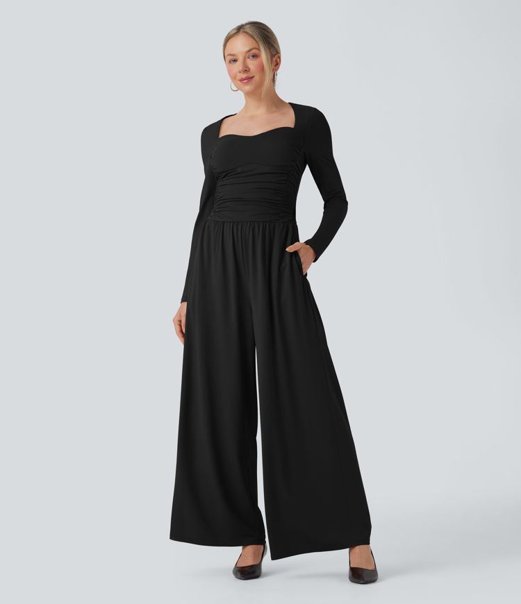 Black Sweetheart Neck Long Sleeve Ruched Casual Jumpsuit with Pockets-Easy Peezy Edition / 1