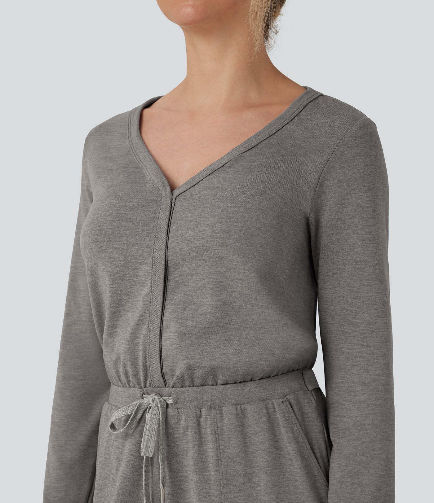 V Neck Long Sleeve Thumb Hole Drawstring Workout Jumpsuit with Pockets-Easy Peezy Edition