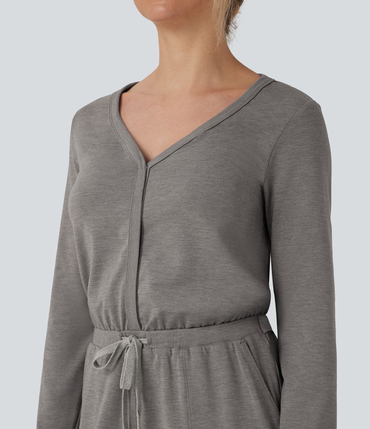 V Neck Long Sleeve Thumb Hole Drawstring Workout Jumpsuit with Pockets-Easy Peezy Edition