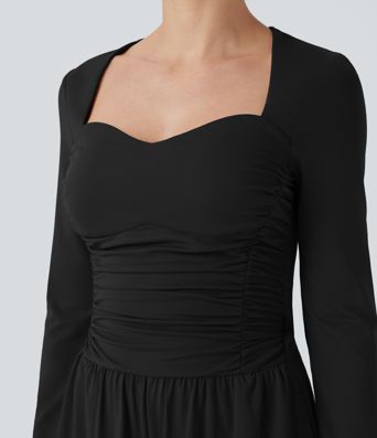 Sweetheart Neck Long Sleeve Ruched Casual Jumpsuit with Pockets-Easy Peezy Edition