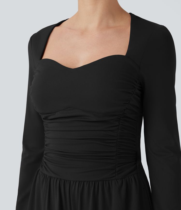 Sweetheart Neck Long Sleeve Ruched Casual Jumpsuit with Pockets-Easy Peezy Edition