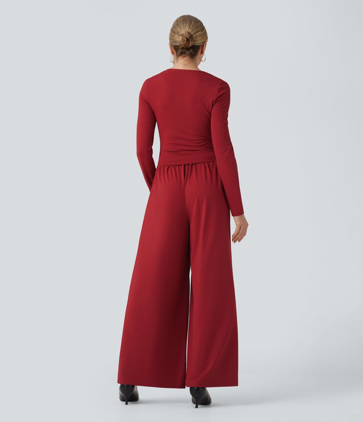 Sweetheart Neck Long Sleeve Ruched Casual Jumpsuit with Pockets-Easy Peezy Edition