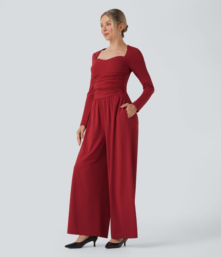 Sweetheart Neck Long Sleeve Ruched Casual Jumpsuit with Pockets-Easy Peezy Edition