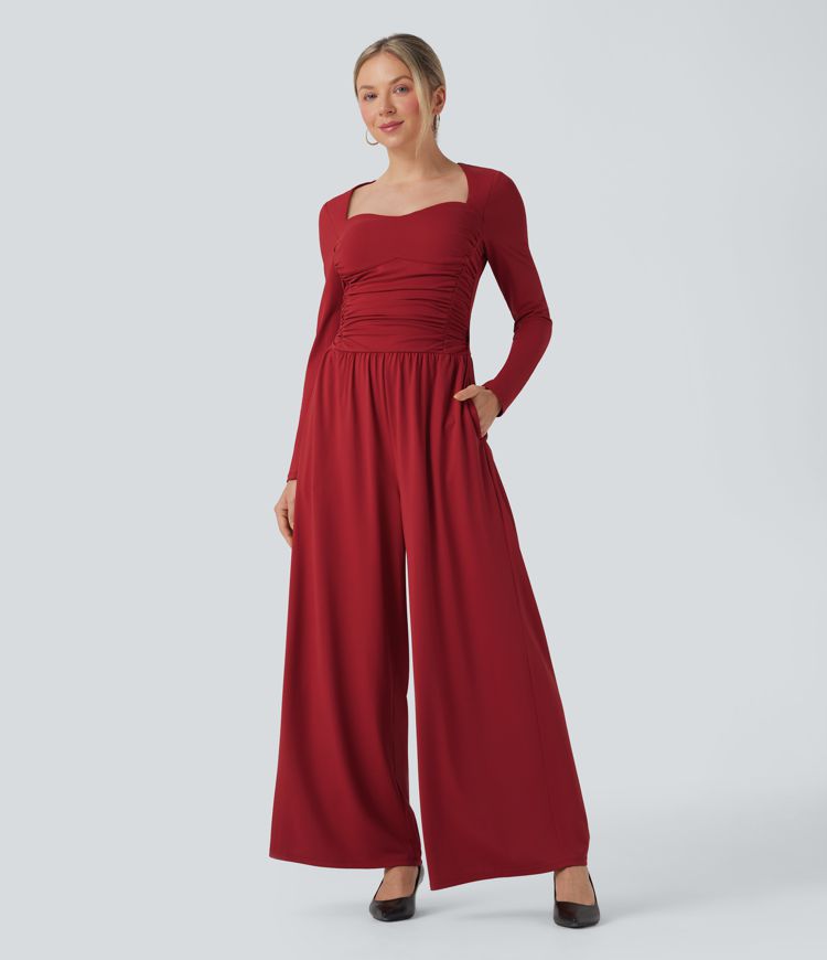 Emboldened Sweetheart Neck Long Sleeve Ruched Casual Jumpsuit with Pockets-Easy Peezy Edition / 1