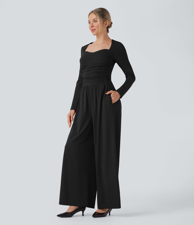 Sweetheart Neck Long Sleeve Ruched Casual Jumpsuit with Pockets-Easy Peezy Edition