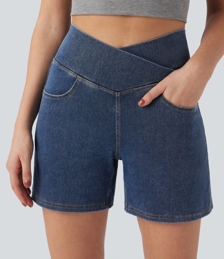 Halara Flex™ Crossover High Waisted Pockets Wide Leg A Line Washed Denim Casual Shorts